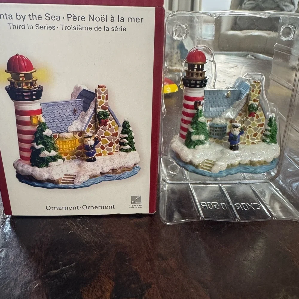 3 Carlton Cards Heirloom Santa by the Sea XmasOrnaments - vintage ceramic in box